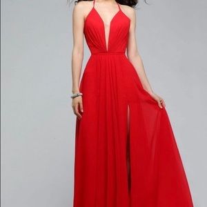 Red Faviana prom dress with side slit!
